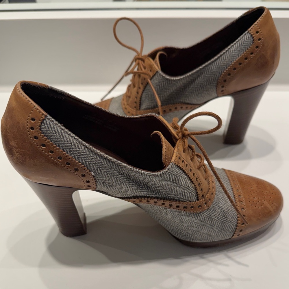J. Crew Tan and Gray Herringbone Oxford Heels
